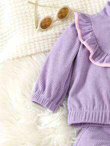 Infant Girls' Corduroy Top And Pants Set With Color Contrast & Ruffle Trim - Purple - View 3