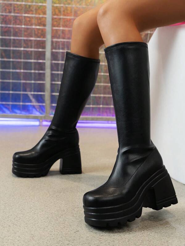 Fashion Match Hoodies,New Arrival Women's Over The Knee High Heel Black Leather Boots Fashion Match Sweater With Thick Sole And Convenient Slip-On Design