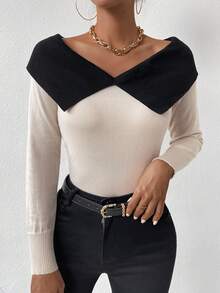 SHEIN Frenchy Của phụ nữ Màu thuần Tương phản Off Shoulder Áo len - Nhiều màu - Xem 5