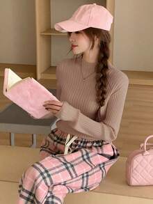 DAZY 立領羅紋針織毛衣 - 卡其色 - 查看 5