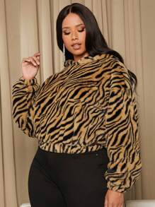 SHEIN SXY Plus Zebra Striped Drop Shoulder Fleece Hooded Sweatshirt
