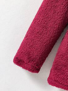 SHEIN Tween 女孩毛絨翻領長袖外套 - 酒紅色 - 查看 4