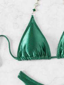 Swim SXY Summer Beach Women's Metallic Texture Halter Neck Bikini Set - Green - View 8