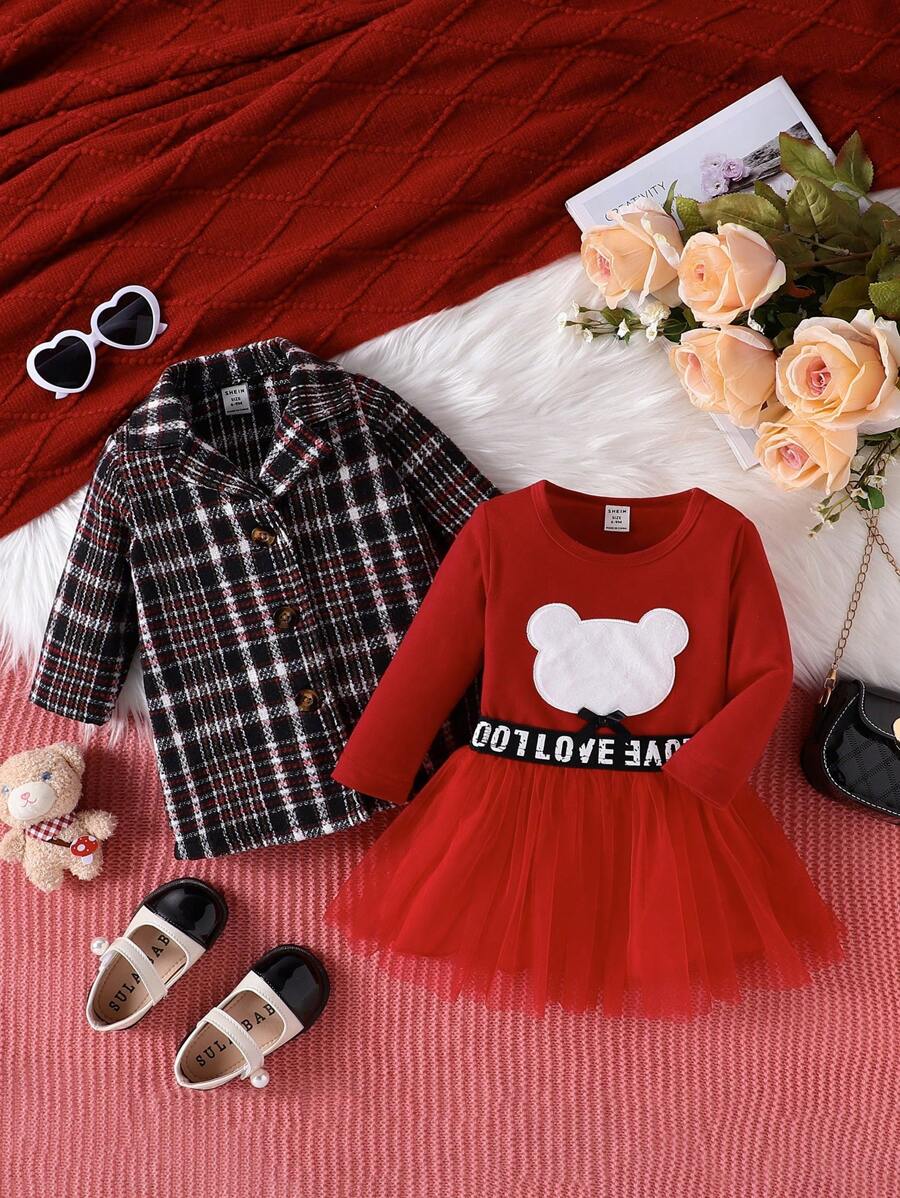 Conjunto de abrigo tejido con bordado de osito de peluche encantador y falda de malla para bebé niña en clima frío - Multicolor - Ver 1