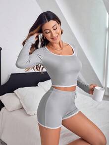 蕾絲拼接長袖睡衣套裝 - 淺灰色 - 查看 4