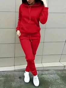 INAWLY Conjunto De Dos Piezas Para Mujer Con Sudadera Con Capucha Y Pantalón Deportivo Con Cordón De Color Sólido - Rojo - Ver 1