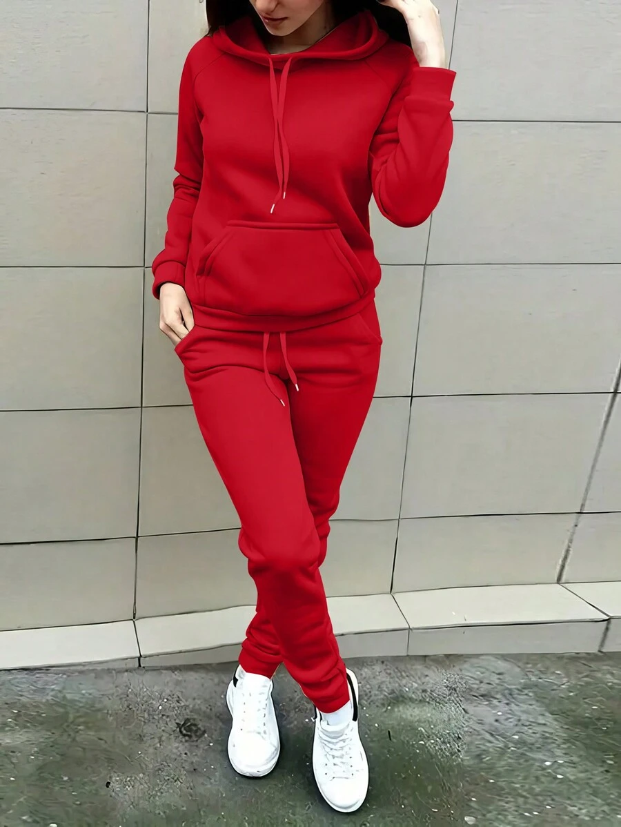 INAWLY Conjunto De Dos Piezas Para Mujer Con Sudadera Con Capucha Y Pantalón Deportivo Con Cordón De Color Sólido - Rojo - Ver 1