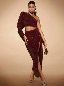 SHEIN BAE 單肩褶皺短款性感兩件套裝 - 酒紅色 - 查看 3