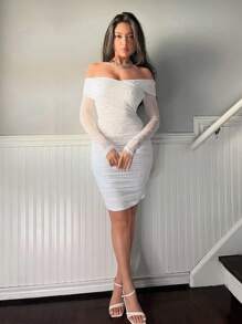 Firerie White Off Shoulder Faux Pearl Women's Dress,Ladies Elegant Contrast Mesh,Ruched,Zipper Long Sleeve Off The Shoulder Slim Fit Short White Regular Sleeve Plain Bodycon Women Short Dresses,Spring/Fall,Party/Nightclub Outfits,White Graduation Dress - White - View 5