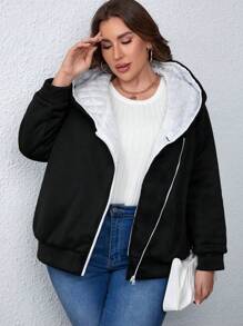 SHEIN LUNE Plus Size Zip Up Hooded Padded Padded Coat Clothes Winter - Black - View 4