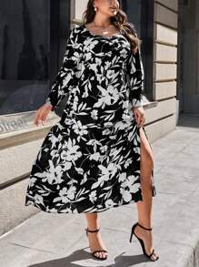 SHEIN Clasi Plus Size Women'S Floral Printed Side Slit Dress - Black and White - View 1