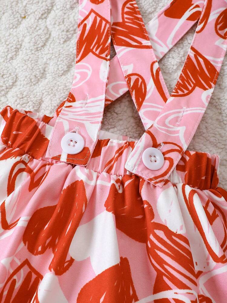 Valentine's Day, Baby Girl Fun Love Print Casual Bodysui + Suspenders Skirt Suit