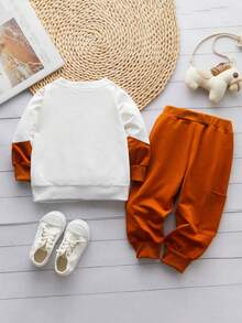 Conjunto De Ropa De Bebé Para Niños Con Patrón De Oso, Parte Superior Con Bloque De Color Y Pantalones Largos - Multicolor - Ver 2