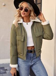 SHEIN LUNE Fuzzy Collar & Cuffs Zipper Front Padded Padded Coat Clothes Winter Fall Cloth For Women - Army Green - View 5