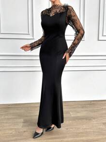 RueChic Ladies' Lace Mesh Patchwork Dress - Black - View 3