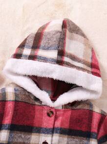 SHEIN 秋冬女童學院風格紋上衣連帽拼接百褶裙套裝 - 紅色 - 查看 3