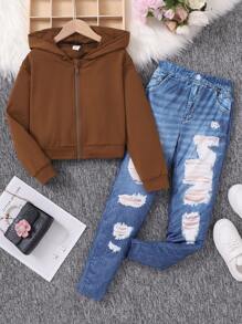 SHEIN Tween 女童连帽拉链运动衫和牛仔效果裤两件套 - 棕色 - 查看 1