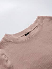 SHEIN EZwear Ladies' Solid Texture Stripe Long Sleeve T-shirt - Brown - View 12