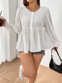 SHEIN Qutie Women's Plus Size Solid Color Swiss Dot Bell Sleeve Shirt - White - View 5