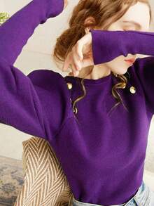 Knit Mix 女式圆领长袖纯色纽扣毛衣 - 紫色 - 查看 4