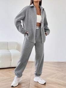 Muchica Textured Patchwork Buttoned Jacket And Pants Set - Grey - View 5