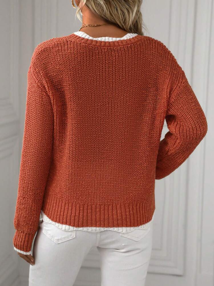 Women's Color Block Drop Shoulder Sweater With Scallop Hem Knit Pullover Fall Winter Sweater