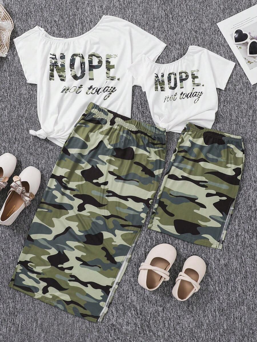SHEIN Young Girl 1pc Slogan Print T-Shirt And 1pc Camouflage Skirt Set - Multicolor - View 1