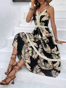 Breezaya Tropical Printed Fringe Decorated Spaghetti Strap Dress - Multicolor - View 1