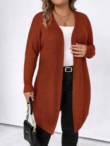 SHEIN LUNE 大尺碼純色拼接落肩袖針織開衫 - 酒紅色 - 查看 5