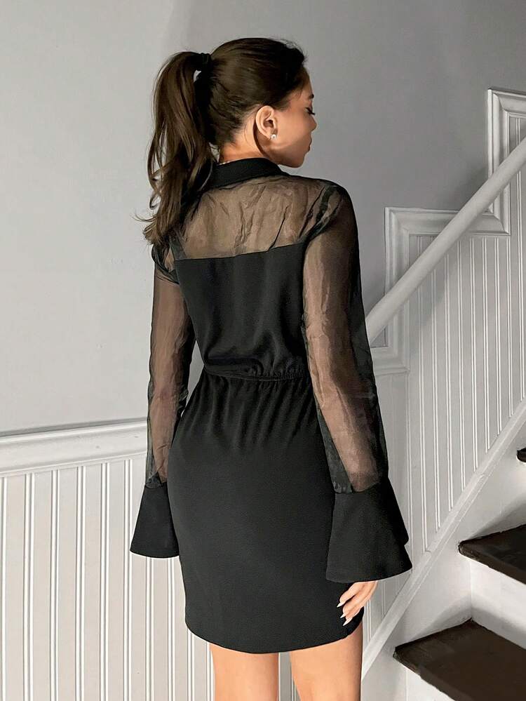 Ladies' Mesh Splicing Flare Sleeve Dress