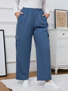 SHEIN Essnce Màu thuần Kích thước lớn Giải trí Quần Cargo - Màu xanh bụi bặm - Xem 1