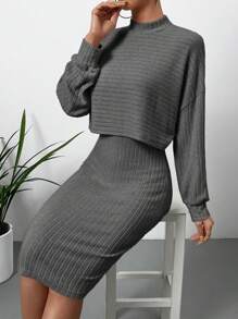 SHEIN Essnce Solid Color Rib Knitted 2-piece Set - Grey - View 6