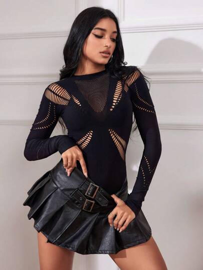 Allurite 鏤空純色透視時尚連身衣