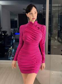 EastFlair Women's Bodycon Dress With Pleated Design And Buckle Detail - Hot Pink - View 4