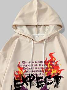 ROMWE MEN Street Life 男款骷髏印花帶標語帽衫和運動長褲,2入組 - 卡其色 - 查看 4