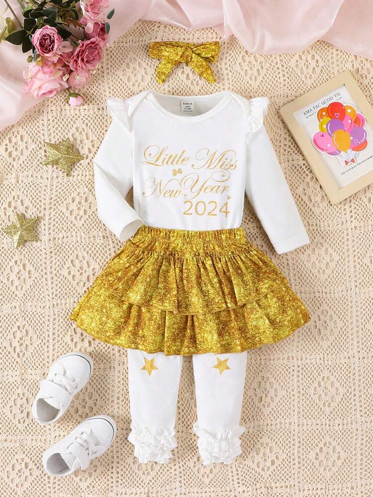 Baby Girl Slogan Graphic Ruffle Trim Bodysuit & Skirt & Headband & Socks
