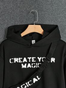 SHEIN 男童青年寬鬆版型連帽運動衫,附字母印花,附配套背包 - 黑色 - 查看 5