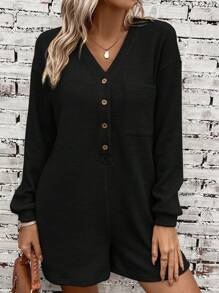 SHEIN LUNE 女款連結半門襟長袖連身褲 - 黑色 - 查看 6