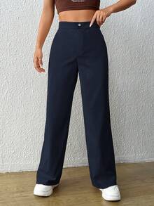 SHEIN EZwear 顏色拼接高腰字母印花褲子 - 藏蓝色 - 查看 4