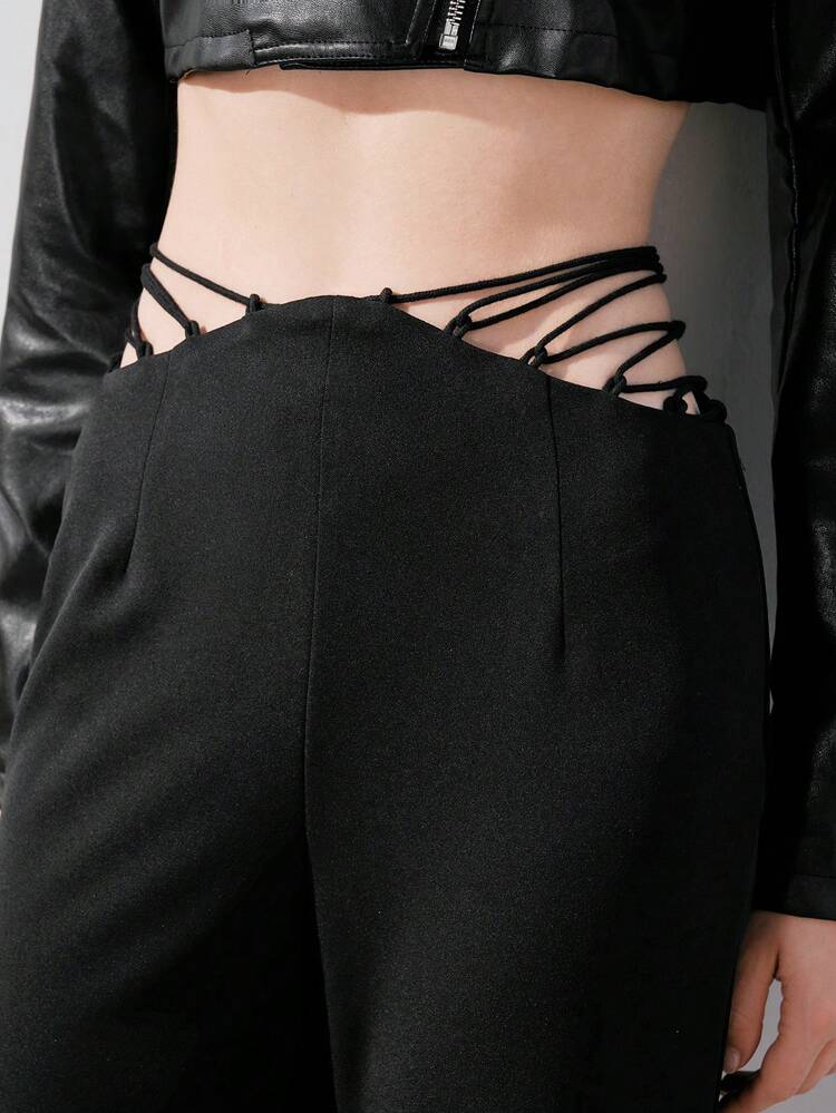 High Waist Solid Color Hollow Out Side Long Pants