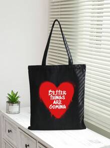 Karorine Black Canvas Tote Bag With Red Heart & Letter Print - Black - View 1