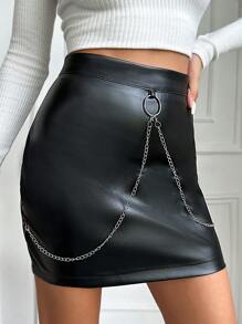 SHEIN Cottnline Women's Pu Leather Skirt With Chain Detail - الأسود - مشاهدة 6