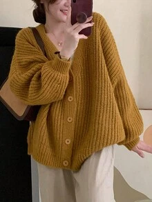 纯色落肩超大开衫、长袖上衣 - 薑色 - 查看 4