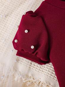 SHEIN 小女孩復古簡約珍珠扣豆芽袖連衣裙 - 酒紅色 - 查看 3