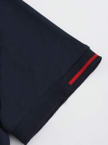 Manfinity Homme Men's Short Sleeve Polo Shirt, Button Up Collar Color Block Golf Business Shirt For Husband - Navy Blue - View 3