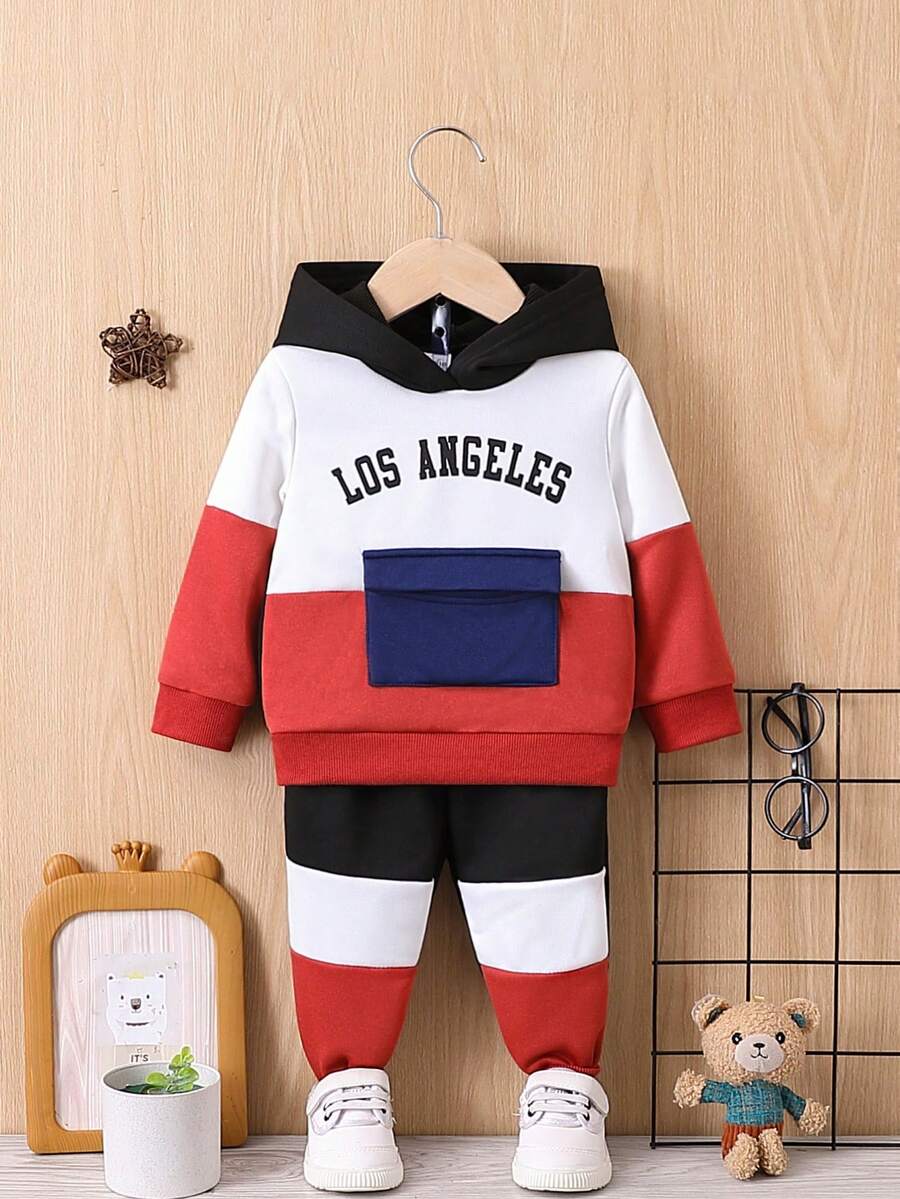 嬰兒男孩多色拼接連帽衛衣,帶印花口袋,休閒運動套裝 - 彩色 - 查看 1