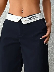 SHEIN EZwear 顏色拼接高腰字母印花褲子 - 藏蓝色 - 查看 2