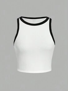 SHEIN EZwear 夏季休闲简约黑白拼接修身女式圆领背心，适合夏季 - 白色 - 查看 1
