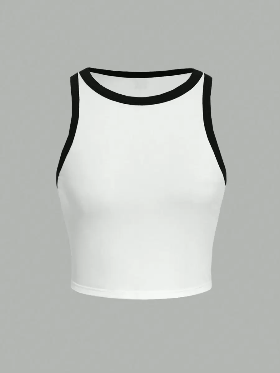 SHEIN EZwear 夏季休闲简约黑白拼接修身女式圆领背心，适合夏季 - 白色 - 查看 1