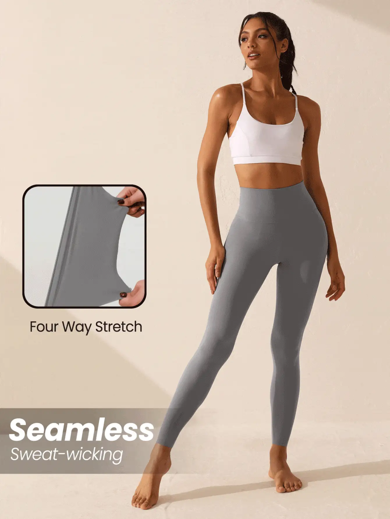 Lifespree Solid Color Wide-waistband Sports Leggings - Light Grey - View 7